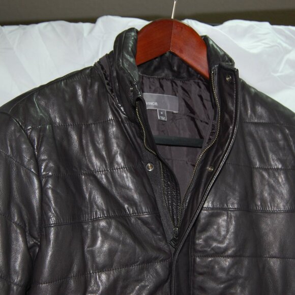 VINCE 🔥 Men's M Black Leather Hooded Puffer Down Jacket Hoodie Light Jacket - Picture 8 of 12